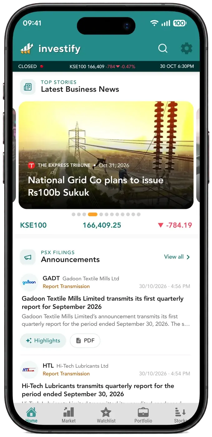 Investify app home screen with Pakistan business news and PSX filings