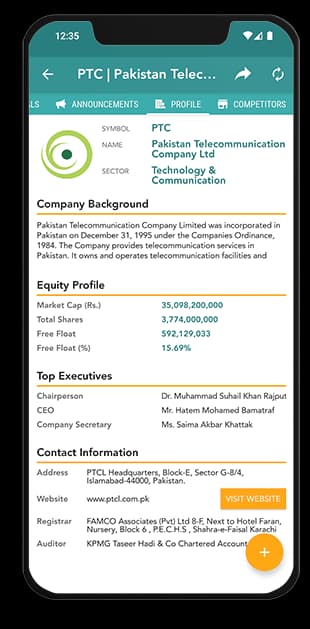 Investify company profile screen for PSX listed companies