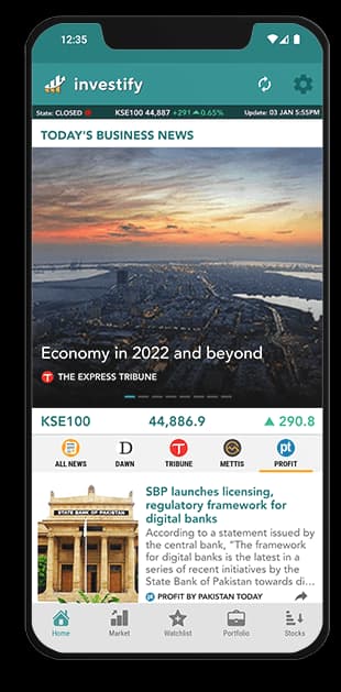 Investify home screen with Pakistan business news and PSX market summary