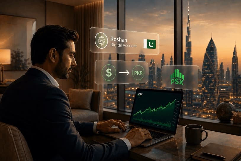 Overseas Pakistani investor tracking PSX stocks through a Roshan Digital Account from abroad