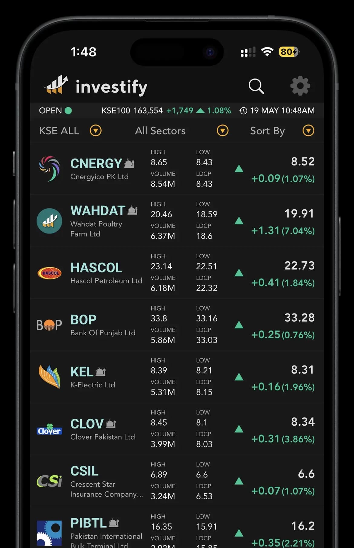 Investify app live PSX stock list on iPhone