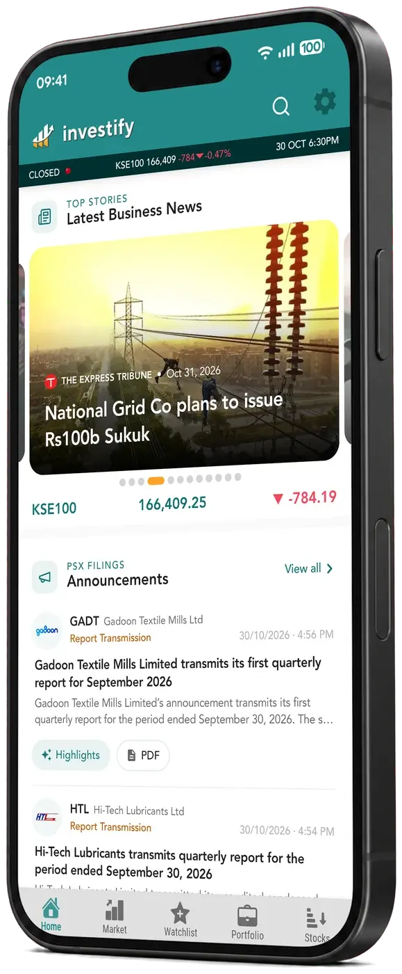 Investify app home screen with Pakistan business news and PSX filings