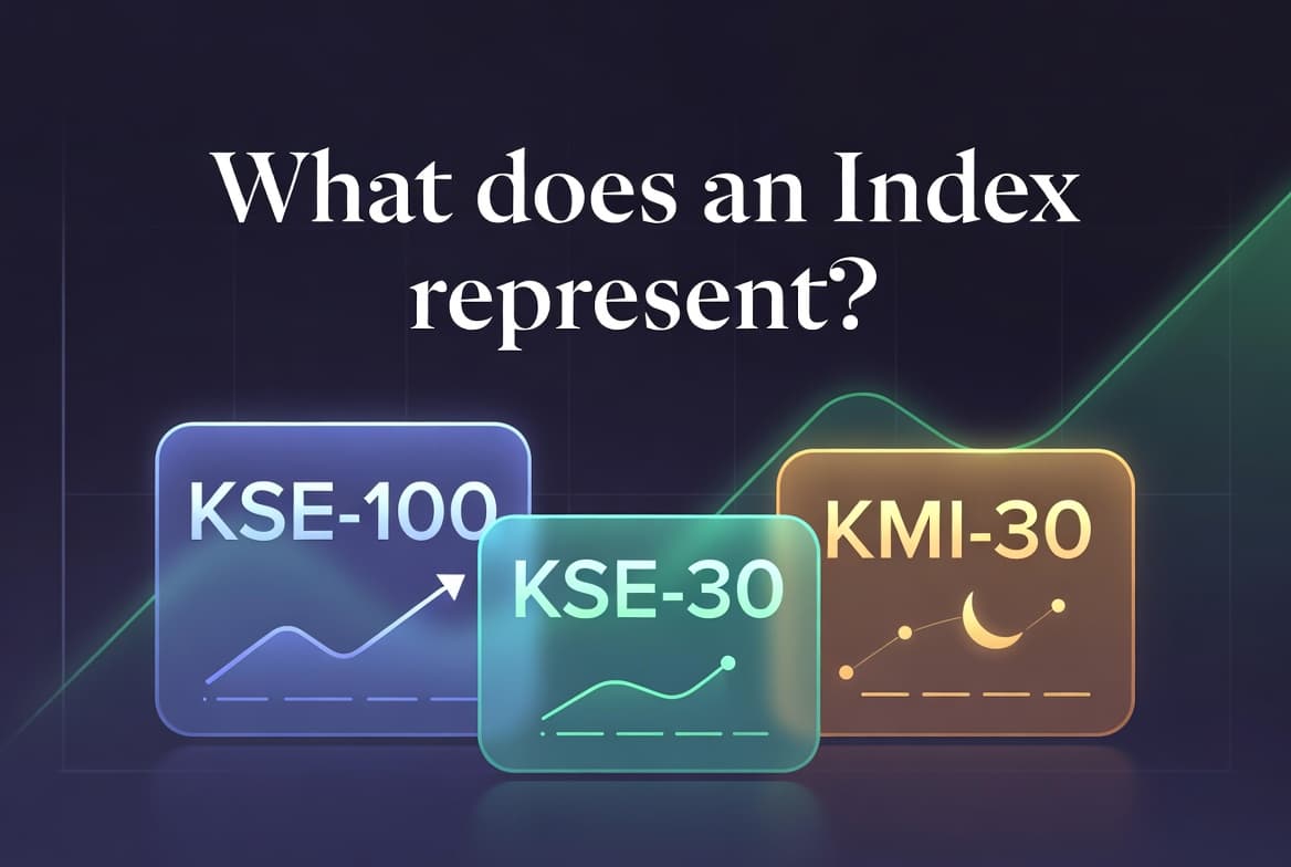 Illustration comparing KSE-100, KSE-30 and KMI-30 index cards over a rising market chart