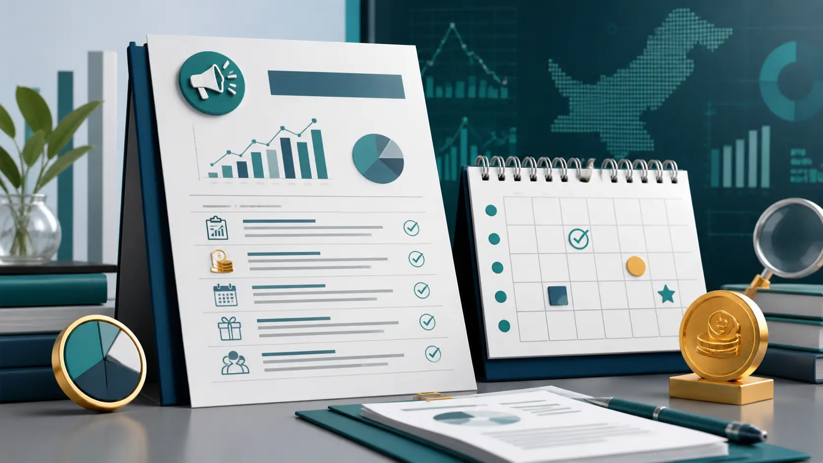 Editorial illustration of a company announcement document, calendar, financial chart and dividend coin