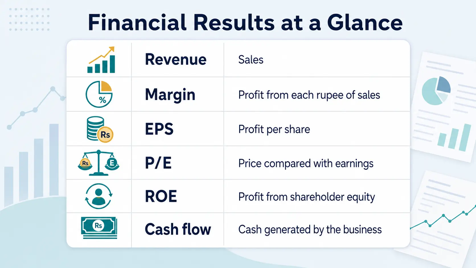 Educational infographic table explaining revenue, margin, EPS, P/E, ROE and cash flow