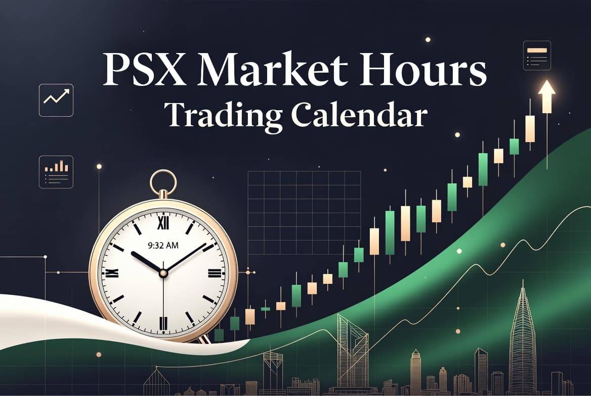PSX market hours trading calendar illustration with a market clock, calendar and candlestick chart