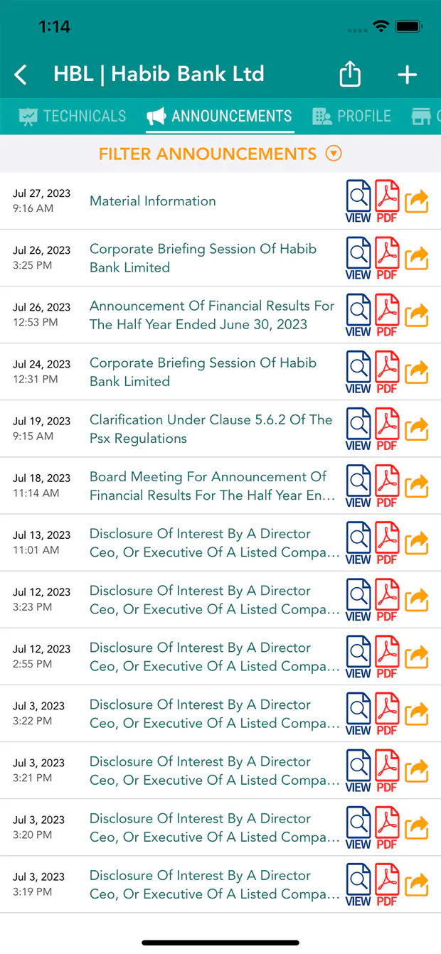 Investify PSX company announcements screen