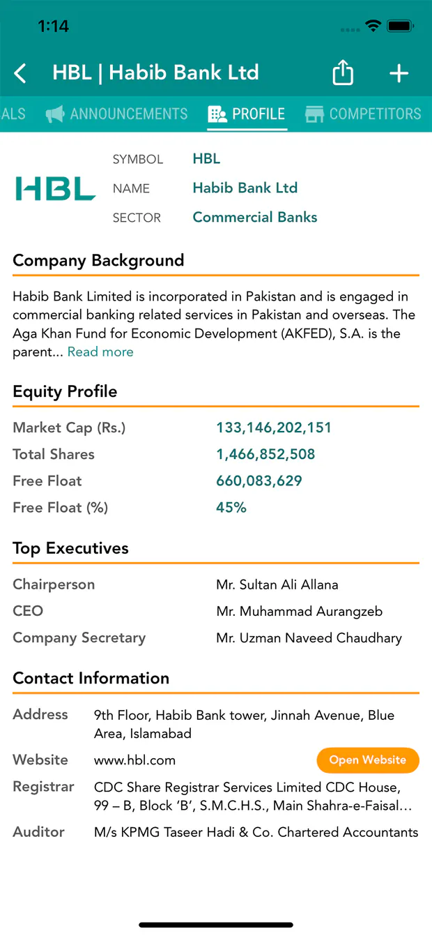 Investify company profile screen for PSX listed companies