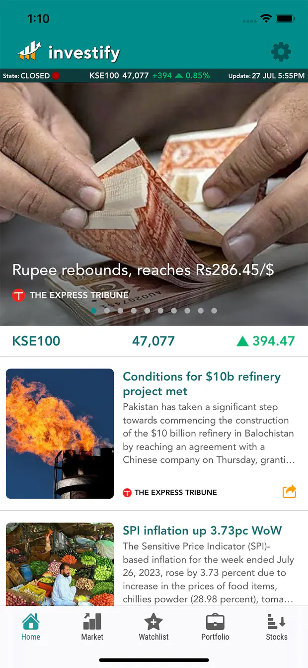 Investify home screen with Pakistan business news and PSX market summary
