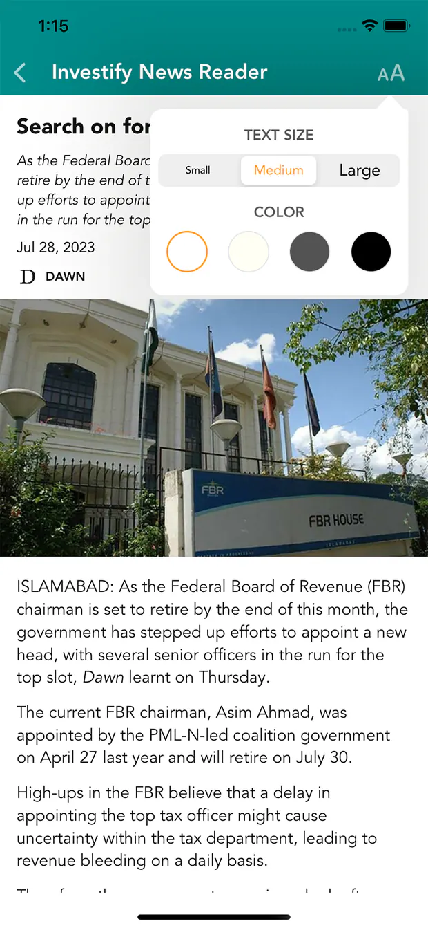 Investify business news reader for Pakistan finance and stock market news