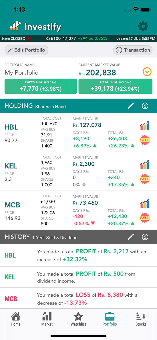 Investify portfolio tracker app screen